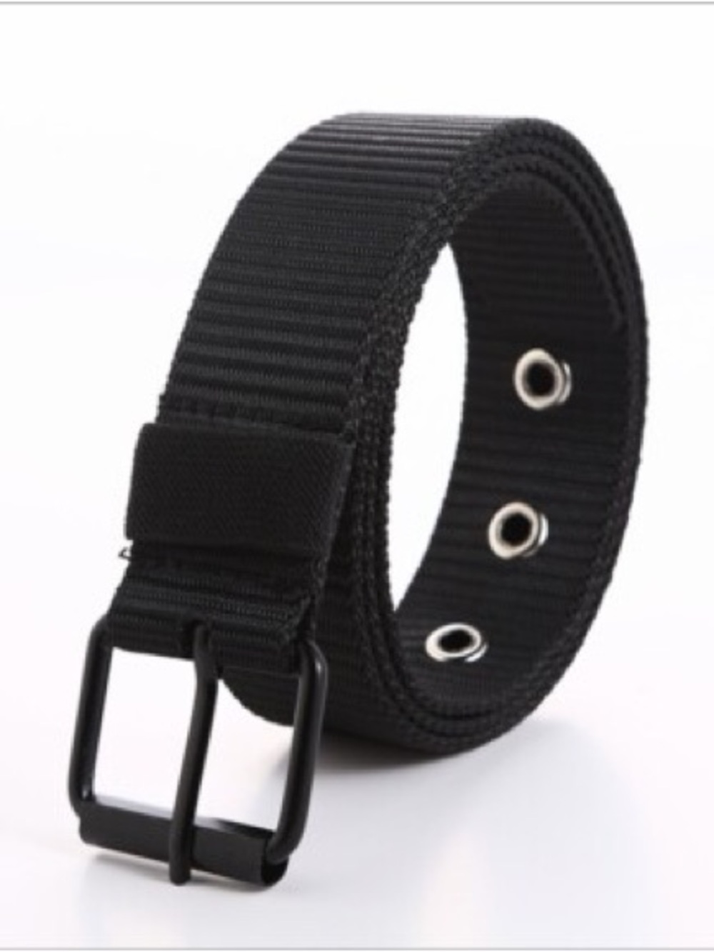 Nylon Waist Belt with Multiple Holes & Black Buckle Design - Black NEW